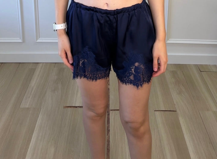 Lace Trim Satin Lounge Shorts Blue