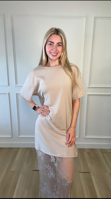Lace Hem Midi T-Shirt Dress M