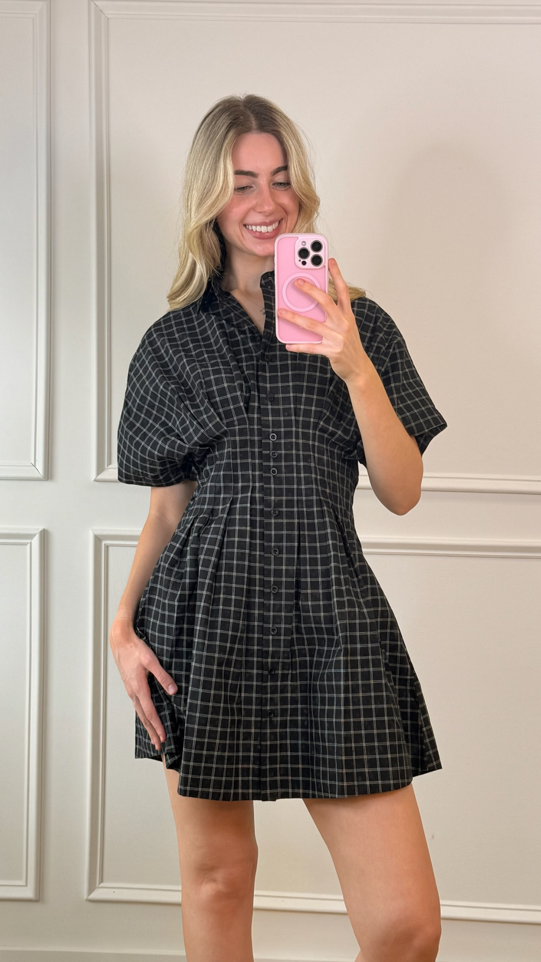 City Check Button Up Dress