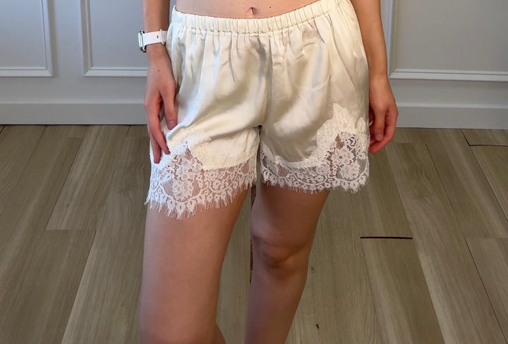 Lace Trim Satin Lounge Shorts Cream