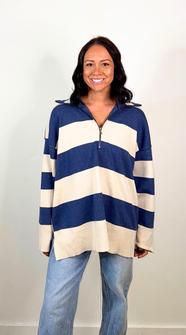 Navy Cream Zip Sweater
