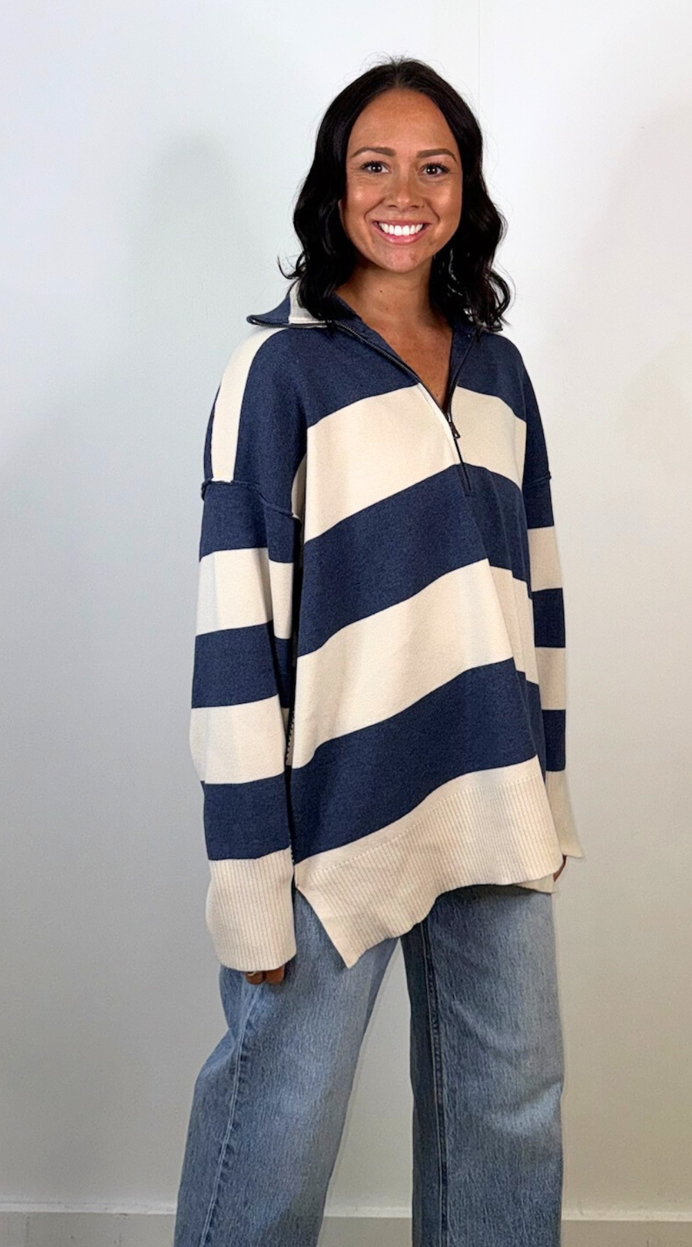Navy Cream Zip Sweater