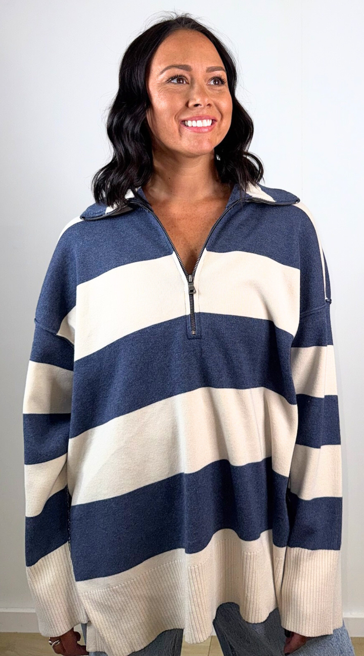 Navy Cream Zip Sweater