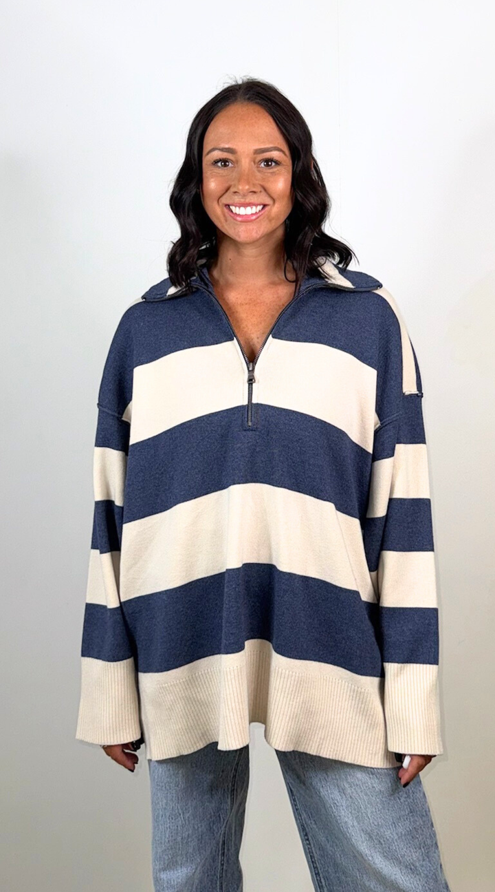 Navy Cream Zip Sweater