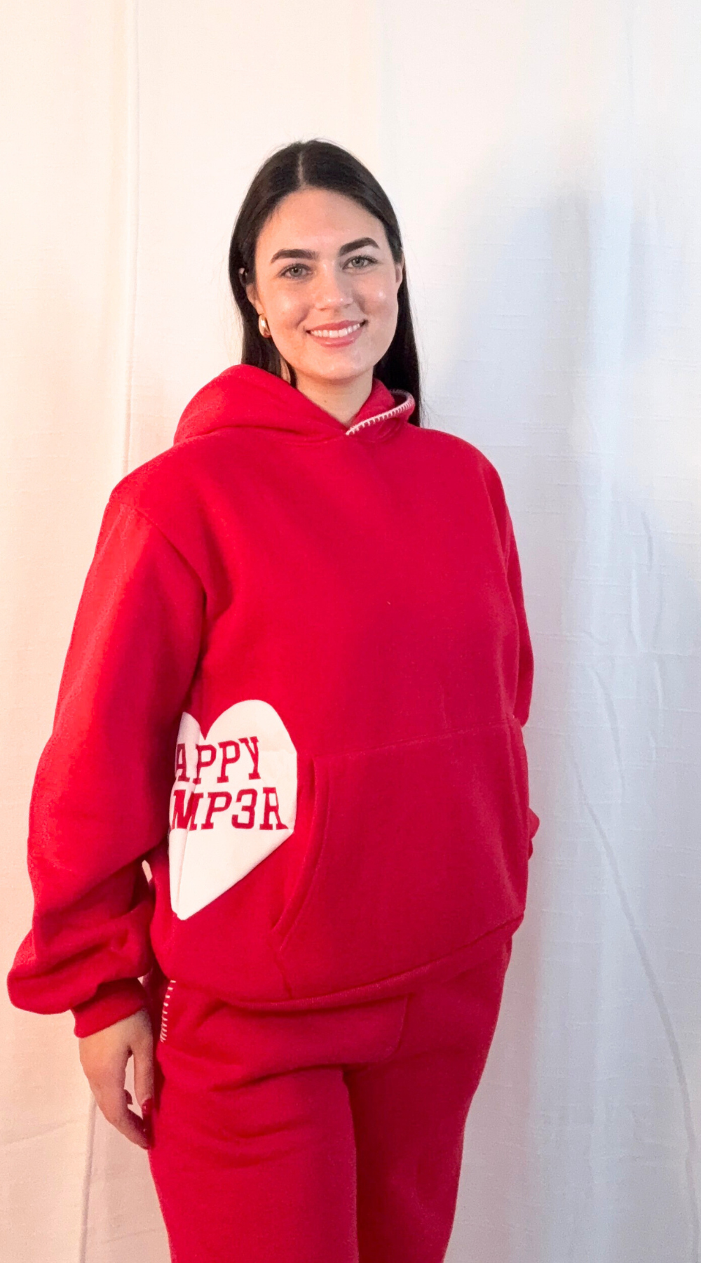 Happy Camp3r Scarlett Heart sweatpants in scarlet red with relaxed fit and cinch waistband