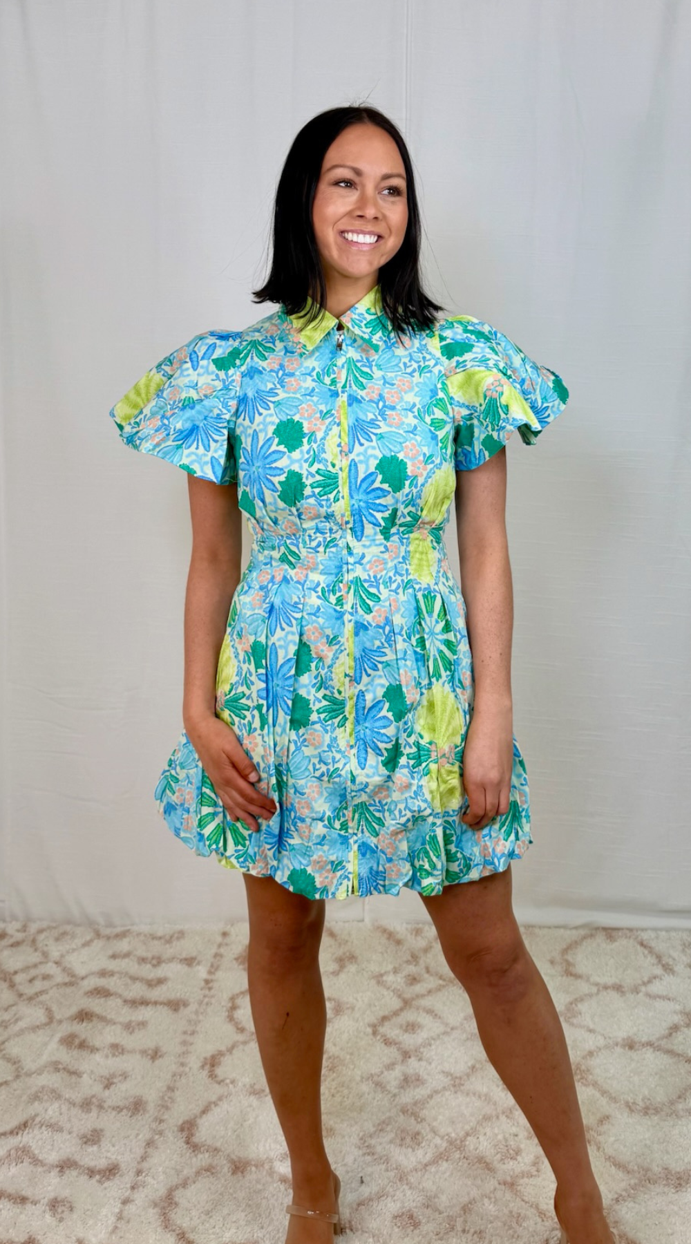 Cotton floral button-front dress styled for spring and summer