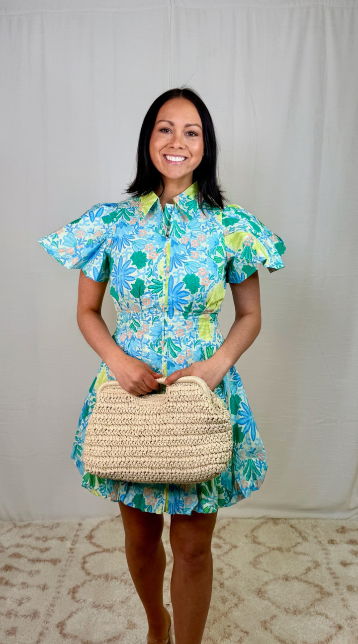 Floral fit-and-flare mini dress in blue and green print