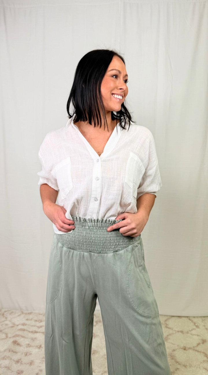 High rise smocked waistband cotton wide leg pants front view