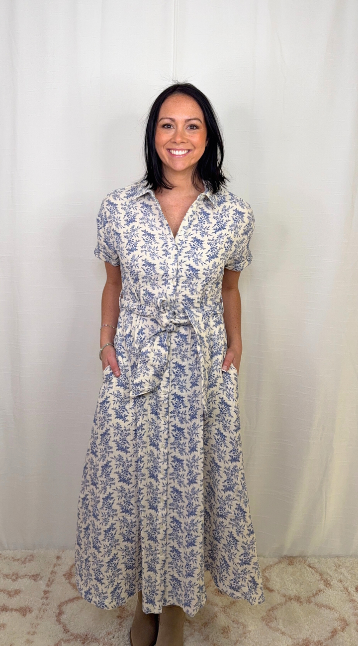Women’s blue floral cotton midi dress perfect for brunch or summer events