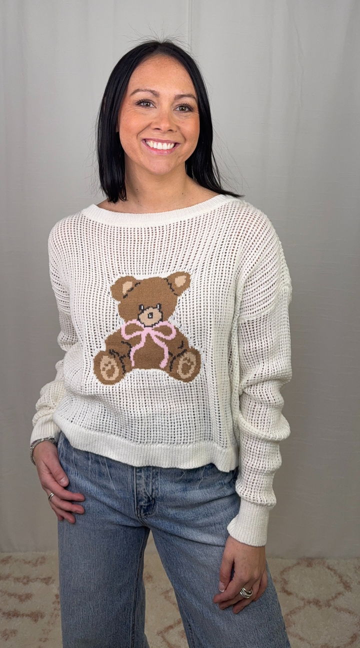 Cream cotton blend sweater with teddy bear design