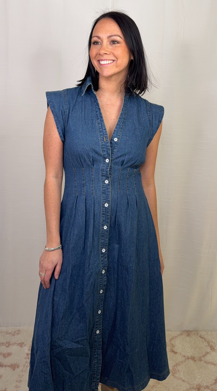 Dark wash button-front denim midi dress with cap sleeves