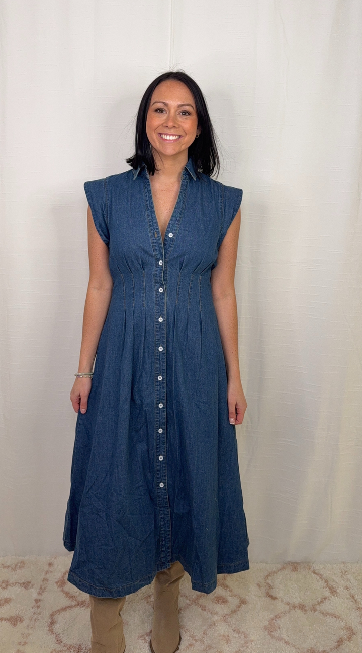 Classic dark denim midi dress with flowy skirt