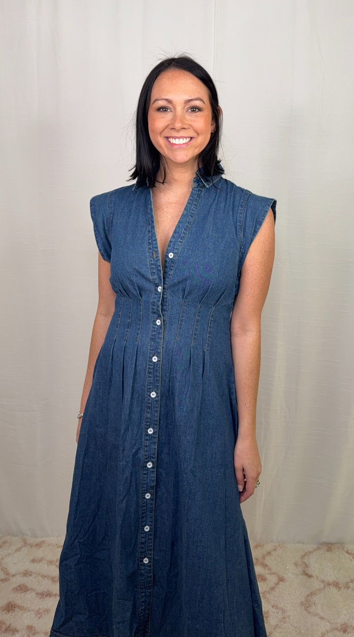 Button-front denim dress styled for casual wear
