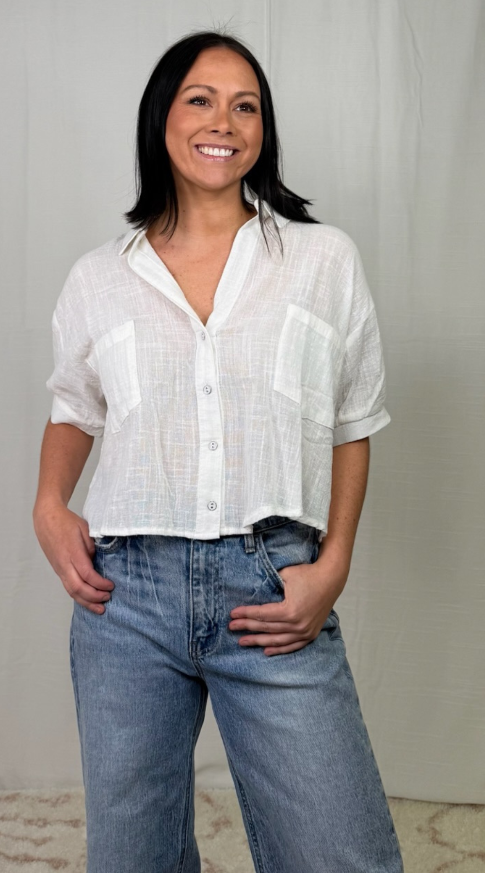 relaxed fit white woven button-down top front view