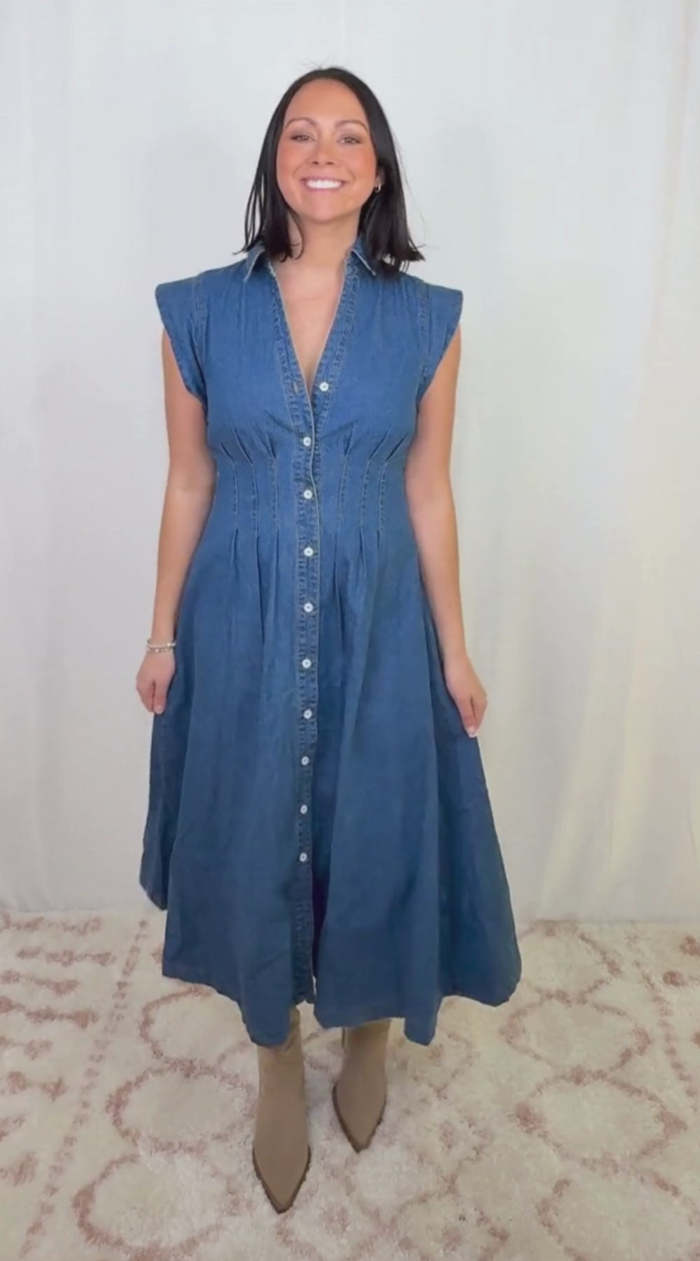 Women’s cotton denim midi dress with fitted waist