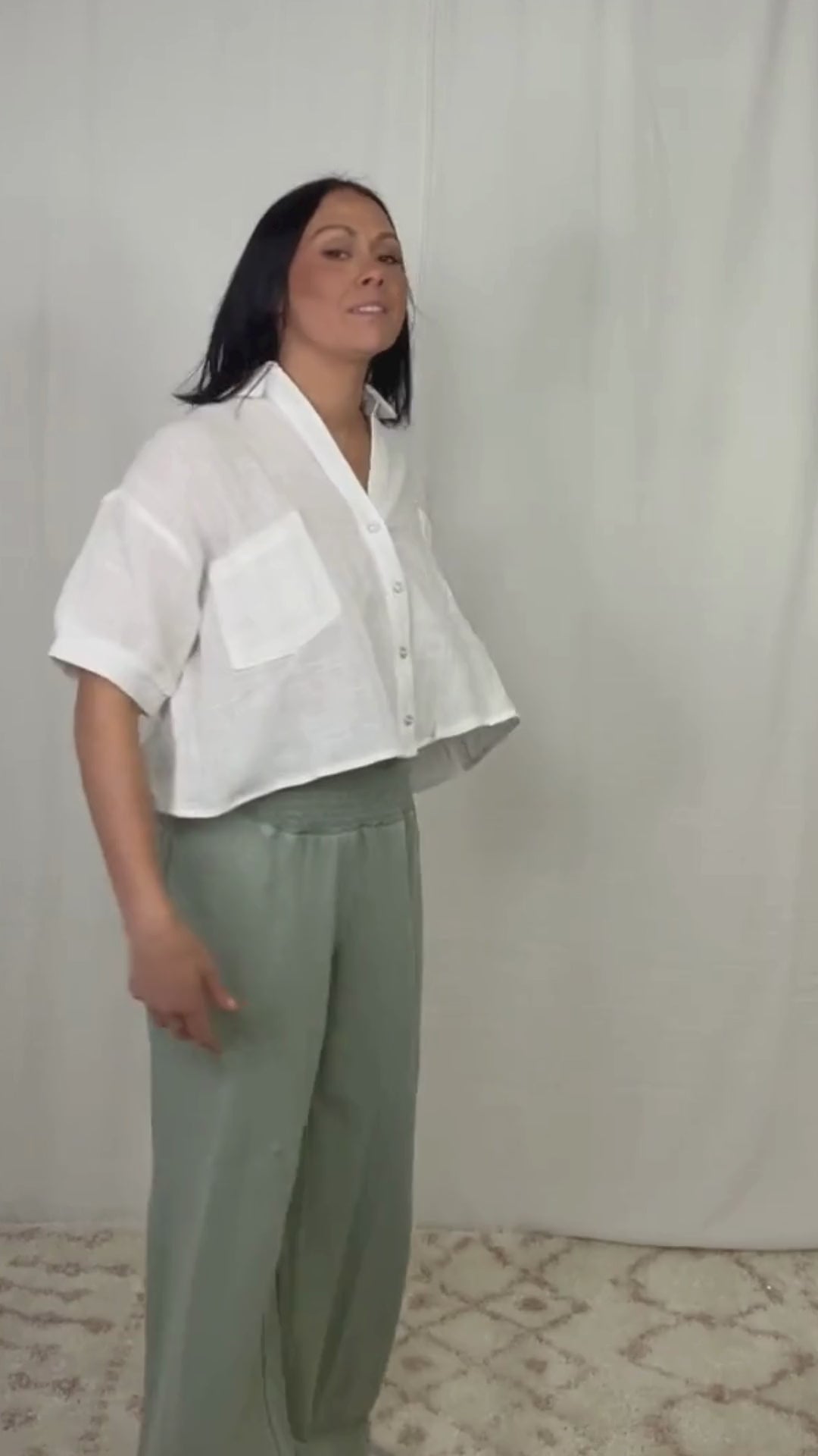 Casual wide leg cotton pants styled with lightweight button top