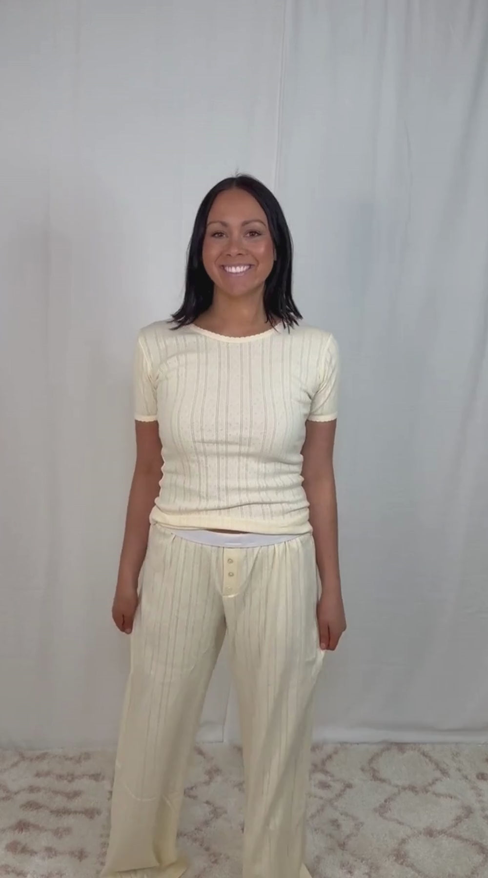 Yellow cotton ribbed top paired with relaxed lounge pants