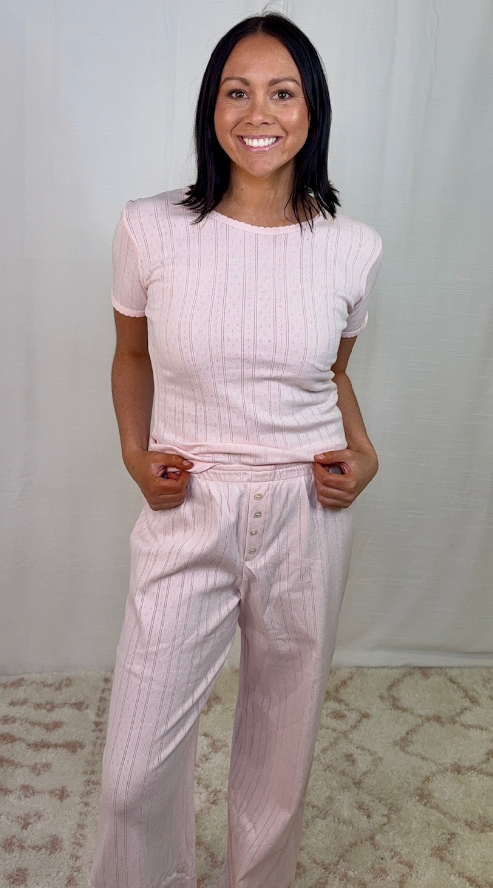 Pink ribbed cotton short sleeve top styled as a matching set