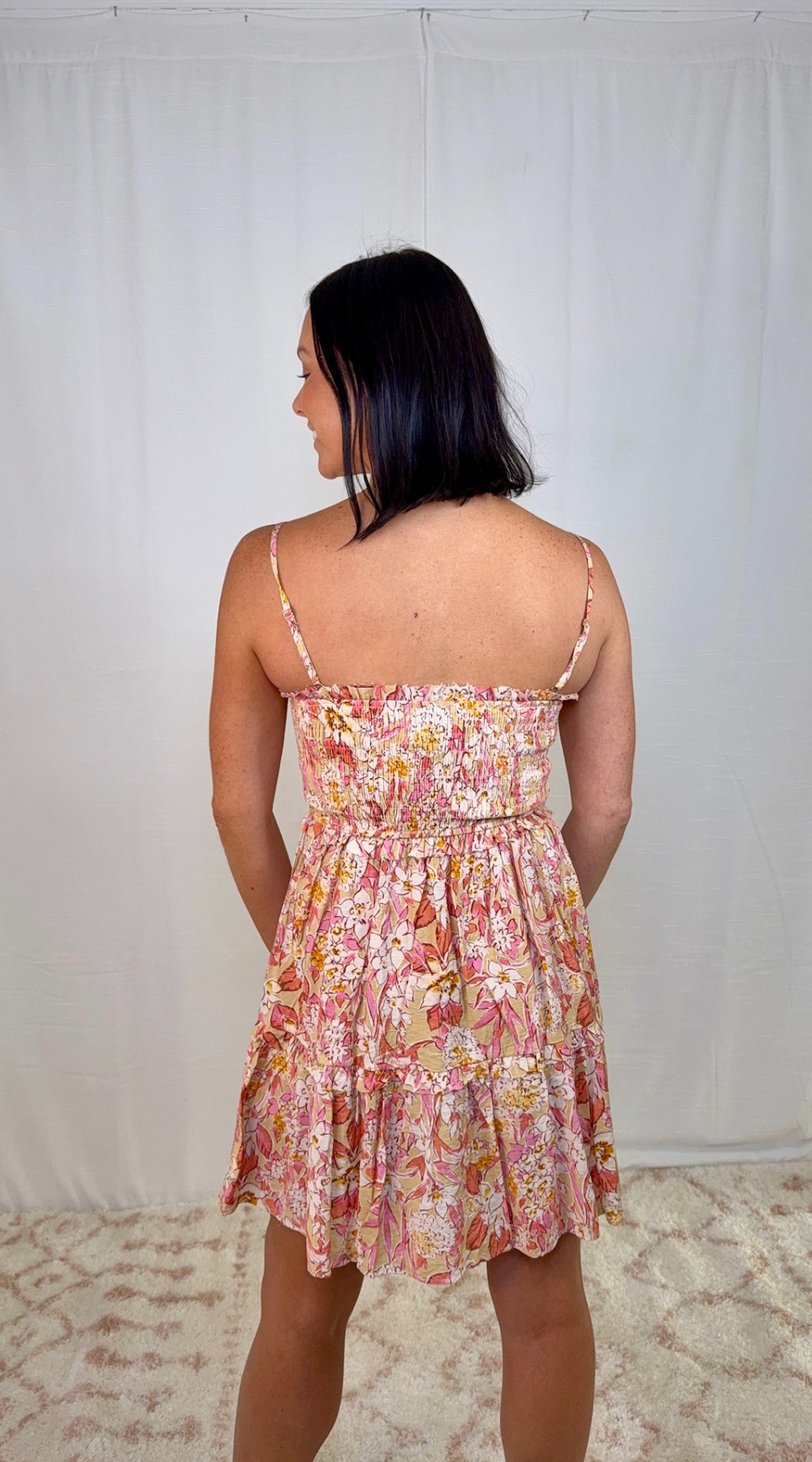 Floral smocked mini dress perfect for brunch and vacations